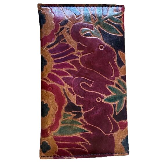Hand Tooled Leather Wallet Elephants African Clutch Boho Eco Red Brown Handmade - Picture 2 of 9